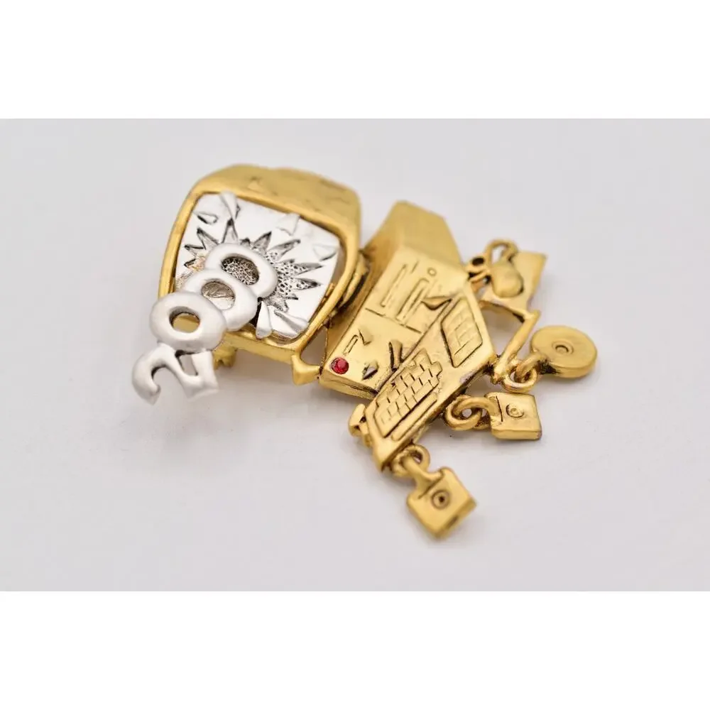 Danecraft Y2K 2000 Computer Brooch Gold Silver Dangle Charm Pin NOS 90s PinA25